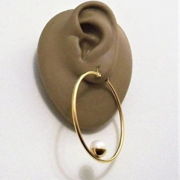 Single Pearl Hoops Pierced Stud Earrings Gold Vintage 50mm - Picture 4 of 6